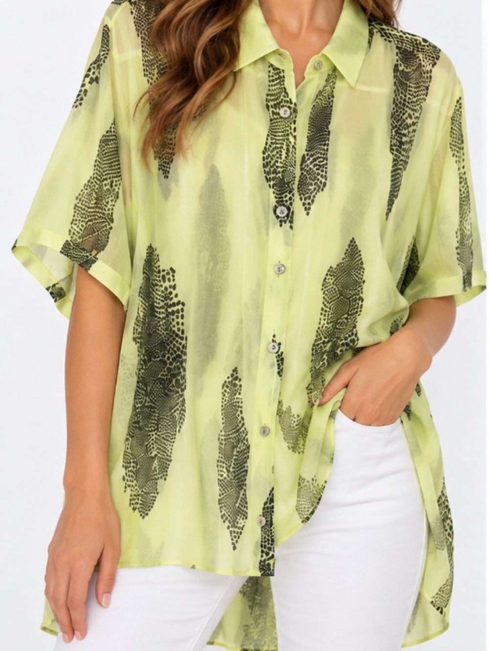 FER Poland Lime Green Snakeskin Sheer Viscose High Low Blouse Shirt Sz 42 L 12